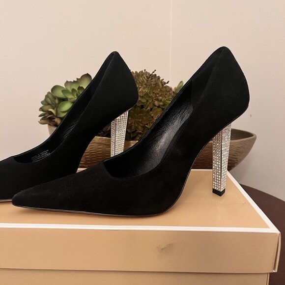 Michael Kors NWB Elegant Black Pumps Pointed Toe Silver Heels with Faux Diamonds - Picture 2 of 11